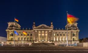 The Berlin Reichstag lit up at night.