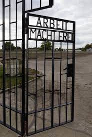 The gate at Sachsenhausen Concentration Camp, reading 'Arbeit macht frei' ('Work makes you free')