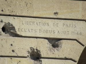 Bullet holes in a Paris building from the fighting during the liberation of Paris